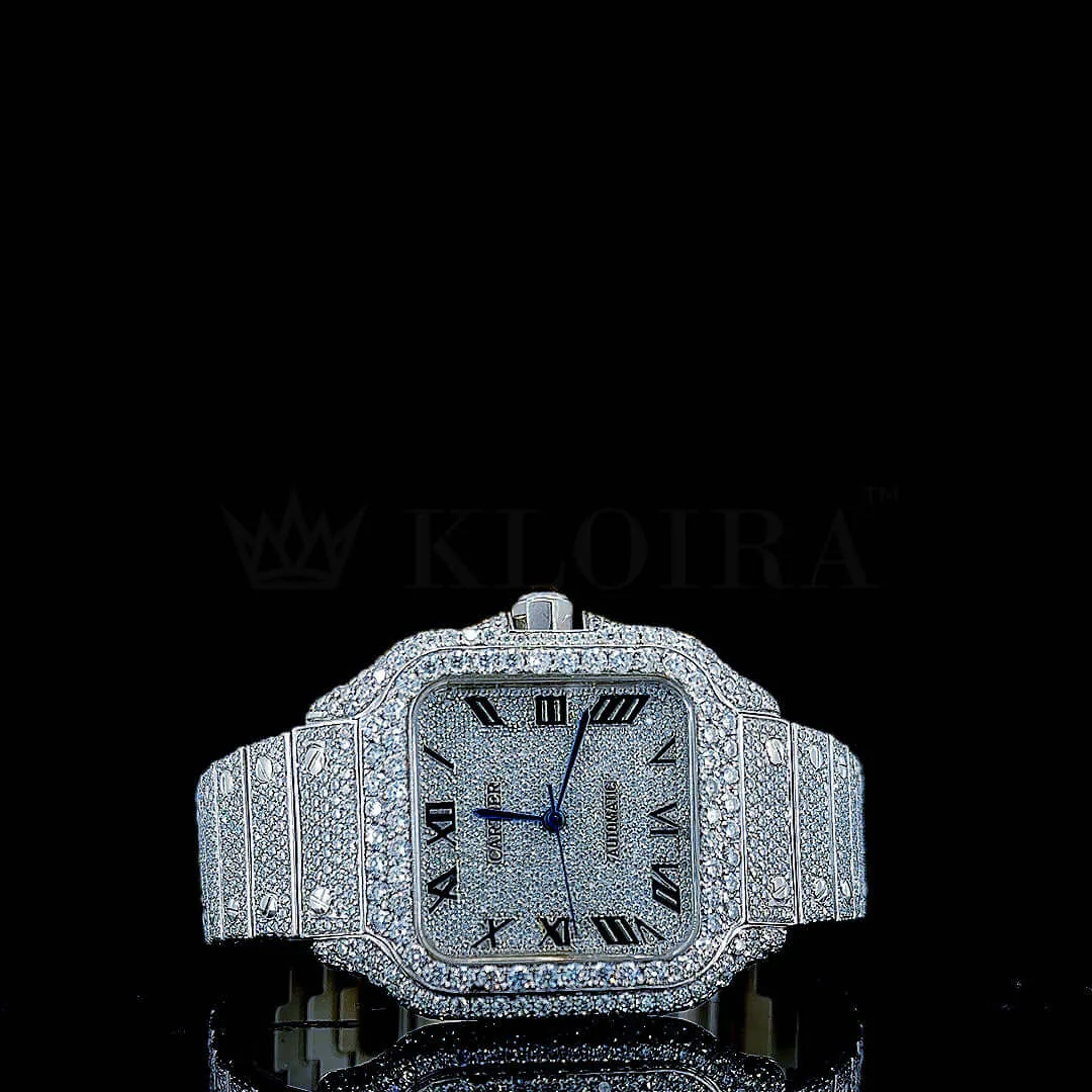 Cartior Santos De Silver 41mm Moissanite Watch with bright white dial and black Roman numerals