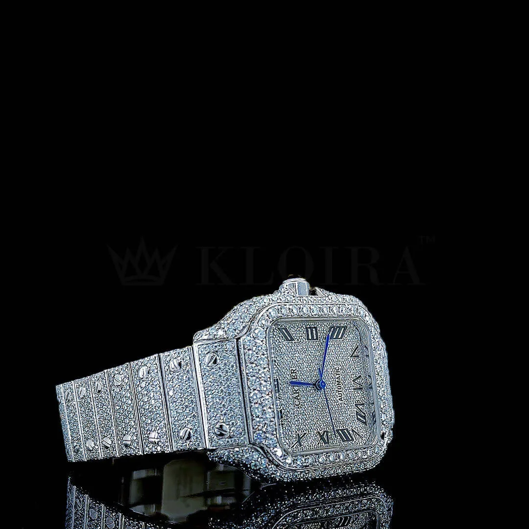 Cartior Santos De Royal Women Silver 36mm Diamond Studded Swiss Made Black Roman number Watch