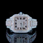 Cartior Santos De Silver 41mm Moissanite Watch with Black Roman Numerals