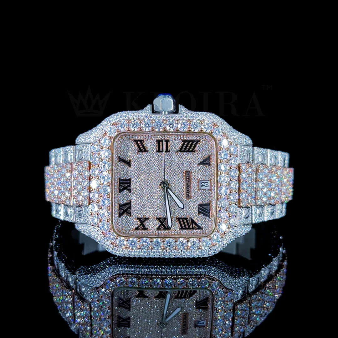 Cartior Santos De Silver 41mm Moissanite Watch with Rose Silver Case and Bright Rose Dial