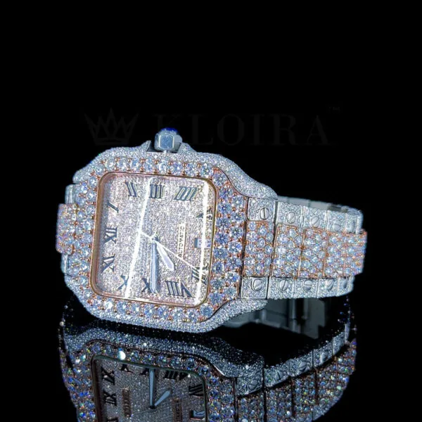 Cartior Santos De Silver 41mm Diamond Studded Swiss Made Black Roman Numerals & White Hands Watch