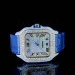 Cartior Santos De Silver Moissanite Watch with Blue Leather Strap and Silver Case