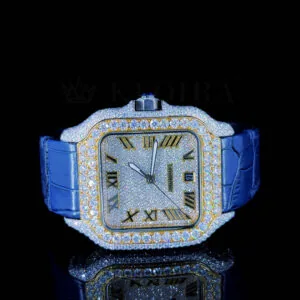 Cartior Santos De Silver Moissanite Watch with Blue Leather Strap
