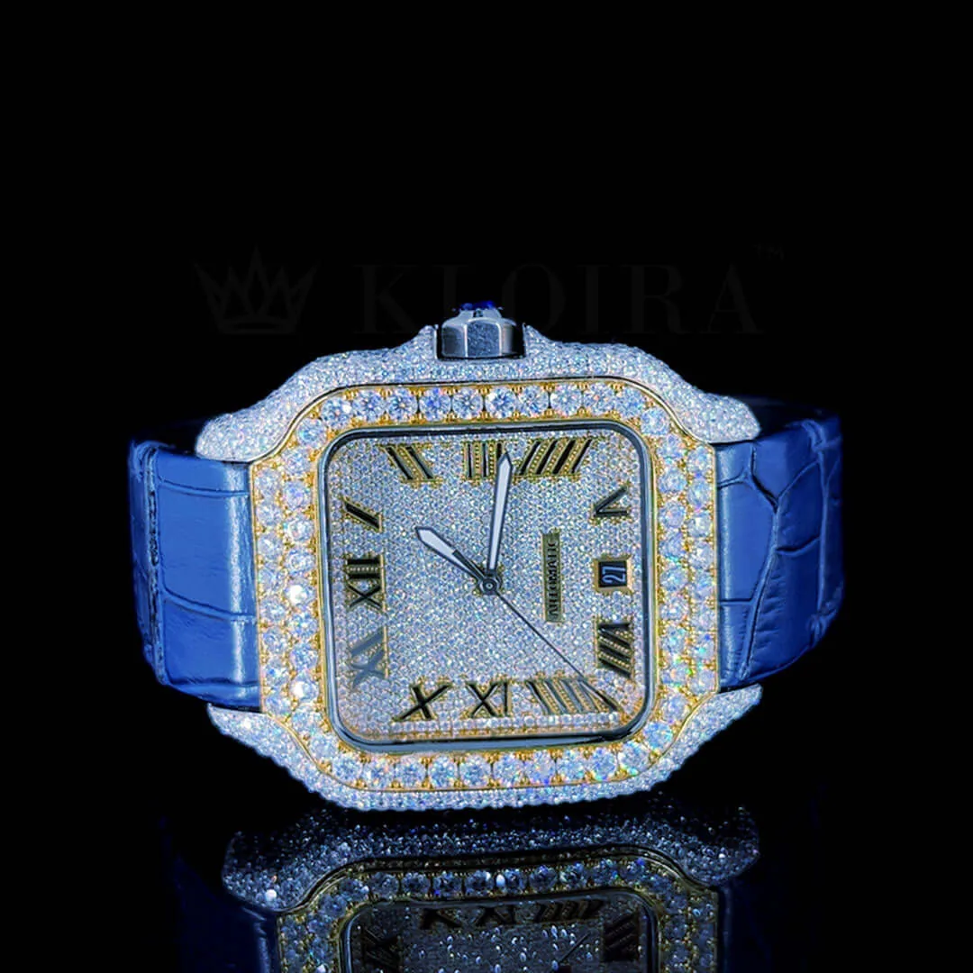 Cartior Santos De Silver Moissanite Watch with Blue Leather Strap and Silver Case