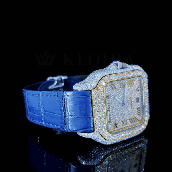 Cartior Santos De Silver 41mm Diamond Studded Swiss Made Blue Leather Strap Watch