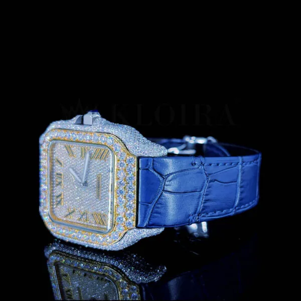 Cartior Santos De Silver 41mm Diamond Studded Swiss Made Blue Leather Strap Watch