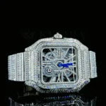 Cartior Santos De Silver 41mm Moissanite Skeleton Dial Watch with blued hands and silver case