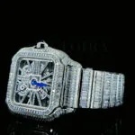 Cartior Santos De Silver 41mm Diamond Studded Swiss Made Blued Hands Skeleton Dial Watch
