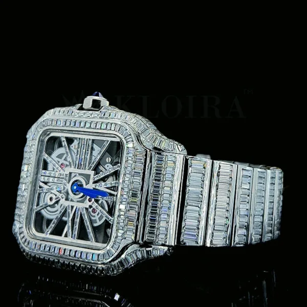Cartior Santos De Silver 41mm Diamond Studded Swiss Made Blued Hands Skeleton Dial Watch