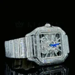 Cartior Santos De Silver 41mm Diamond Studded Swiss Made Blued Hands Skeleton Dial Watch