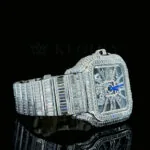 Cartior Santos De Silver 41mm Diamond Studded Swiss Made Blued Hands Skeleton Dial Watch