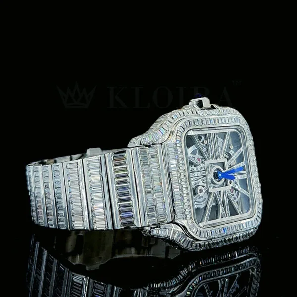 Cartior Santos De Silver 41mm Diamond Studded Swiss Made Blued Hands Skeleton Dial Watch