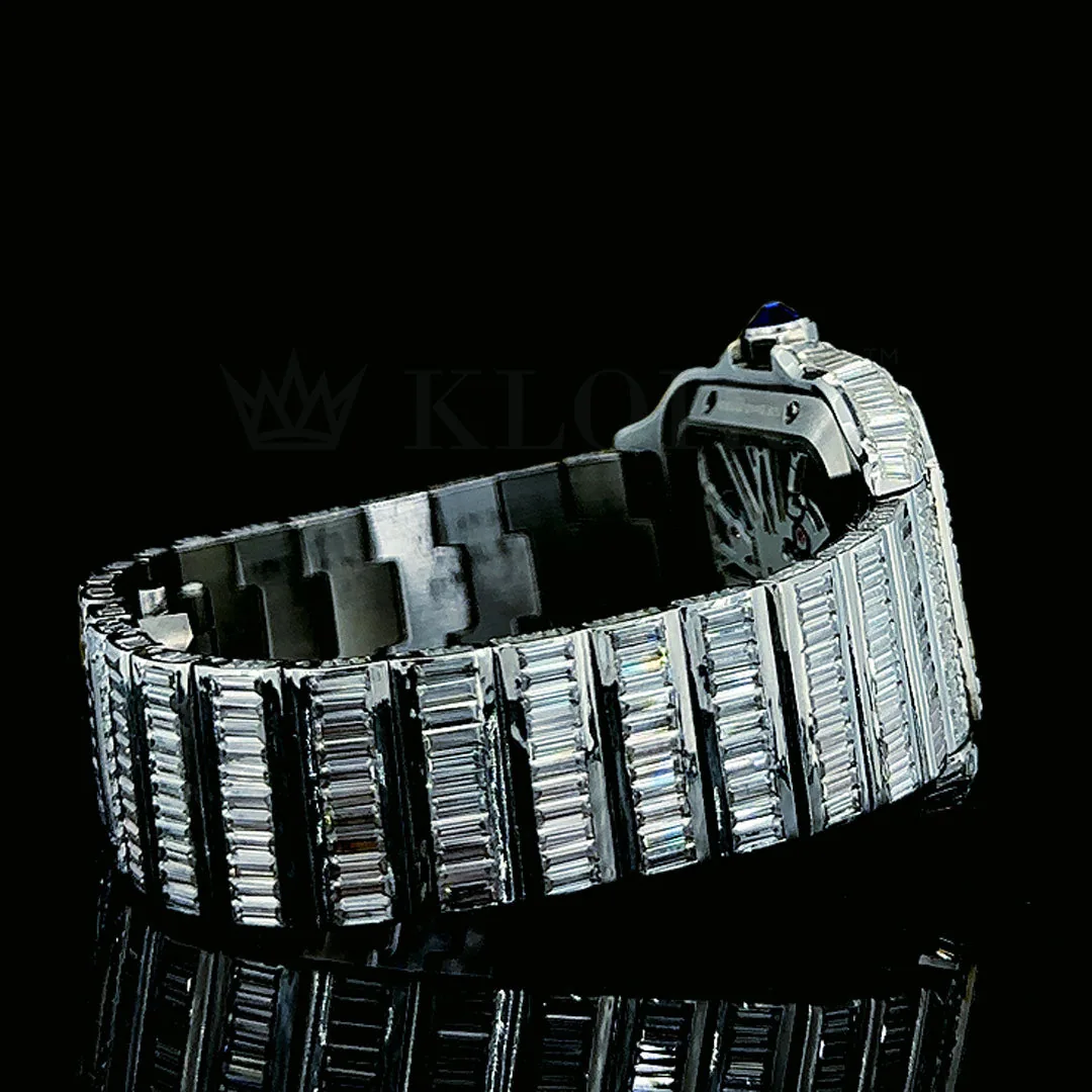 Cartior Santos De Silver 41mm Diamond Studded Swiss Made Blued Hands Skeleton Dial Watch