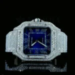 Cartior Santos De Silver 41mm Moissanite Watch with Bright Blue Dial
