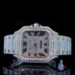 Cartior Santos De Silver 41mm Moissanite Watch with Bright Rose Dial