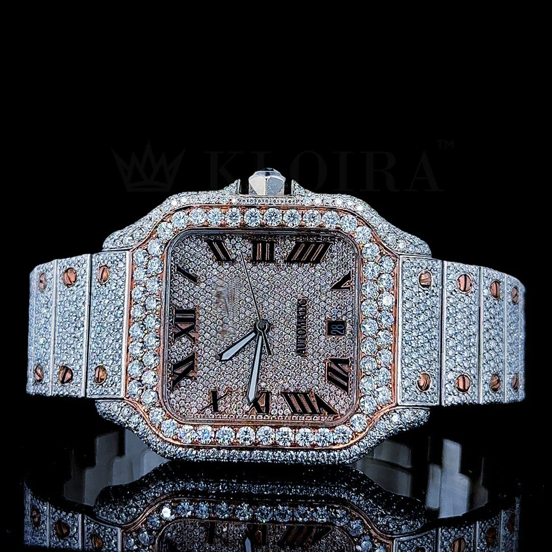 Cartior Santos De Silver 41mm Moissanite Watch with Bright Rose Dial