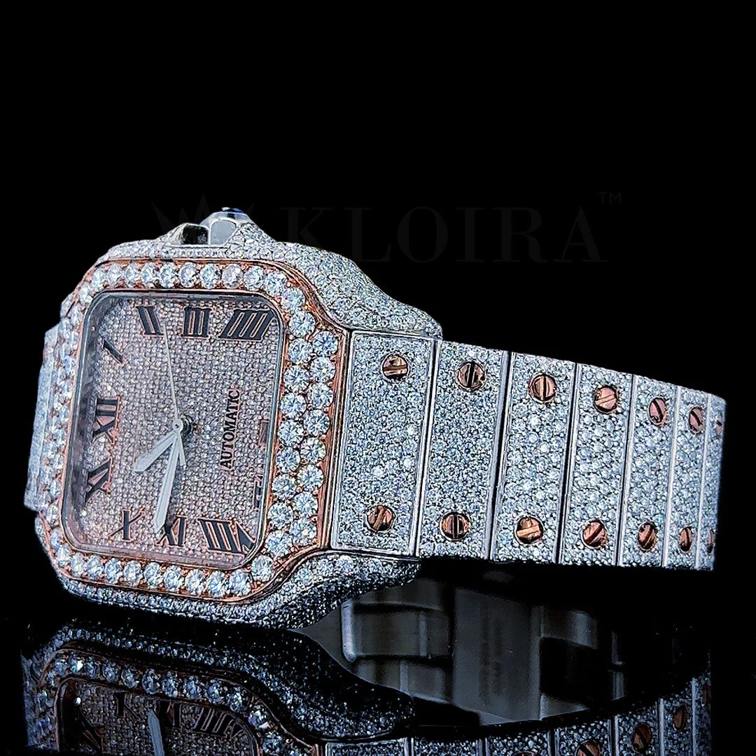 Cartior Santos De Silver 41mm Diamond Studded Swiss Made Bright Rose Dial Watch