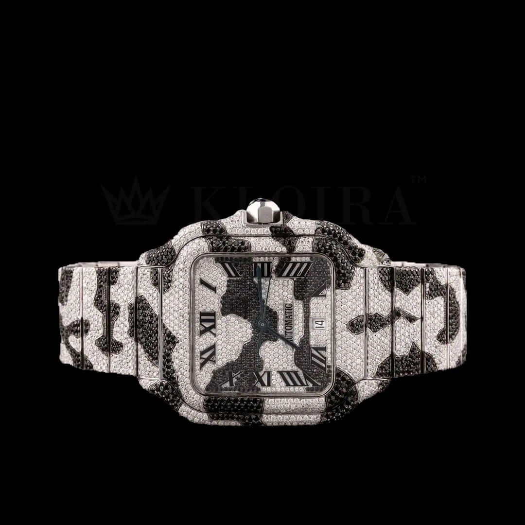 Cartior Santos De Silver 41mm Moissanite Swiss Made Camouflage Watch with bright black dial