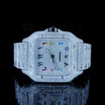 Cartior Silver Santos 41mm Moissanite Swiss Made Watch