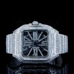 Cartior Santos De Silver 41mm Moissanite Skeleton Dial Watch with Emerald Dial