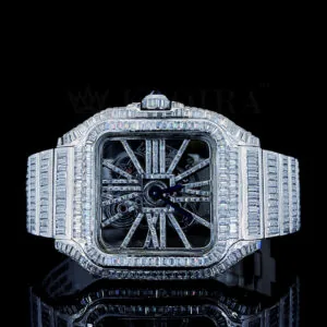 Cartior Santos De Silver 41mm Diamond Studded Swiss Made Emerald Skeleton Dial Watch