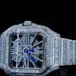 Cartior Santos De Silver 41mm Diamond Studded Swiss Made Emerald Skeleton Dial Watch