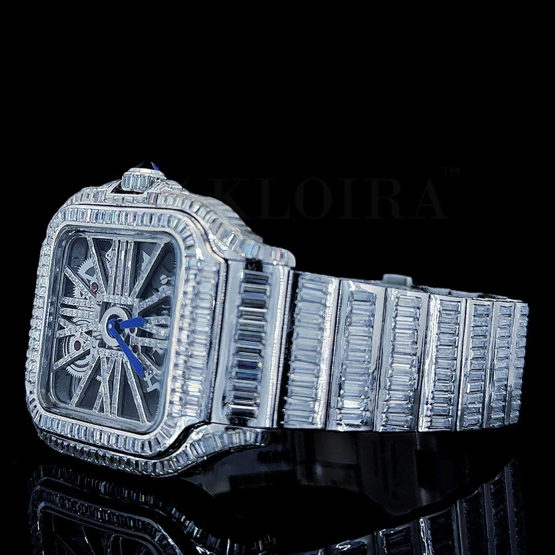 Cartior Santos De Silver 41mm Diamond Studded Swiss Made Emerald Skeleton Dial Watch