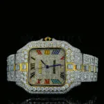 Cartior Santos De Silver 41mm Moissanite Watch with Multi-Color Roman Numerals