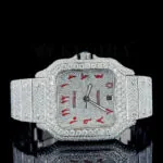 Cartior Santos De Silver 41mm Moissanite Watch with Red Arabic Numerals