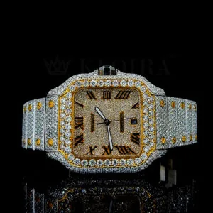 Cartior Santos De Silver 41mm Moissanite Yellow Dial Watch
