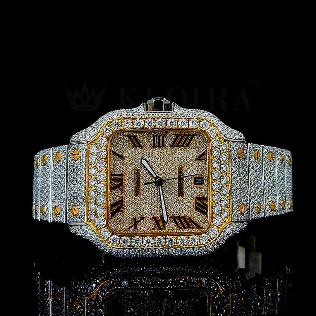 Cartior Santos De Silver 41mm Moissanite watch with yellow dial and Roman numerals
