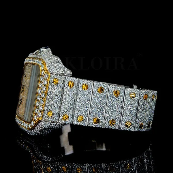 Cartior Santos De Silver 41mm Diamond Studded Swiss Made Roman Numerals Yellow Dial Watch