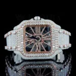 Cartior Santos De Silver 41mm Moissanite Skeleton Dial Watch with bright black dial and silver case