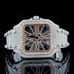 Cartior Santos De Silver 41mm Diamond Studded Swiss Made Rose skeleton Dial Watch
