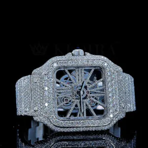 Cartior Santos De Silver 41mm Diamond Studded Swiss Made Skeleton Dial Watch