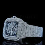 Cartior Santos De Silver 41mm Diamond Studded Swiss Made Skeleton Dial Watch