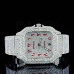 Cartior Santos Women Silver 36mm Moissanite Watch with Red Numerals and Bright White Dial