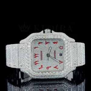 Cartior Santos De Silver 41mm Moissanite Watch with Red Arabic Numerals