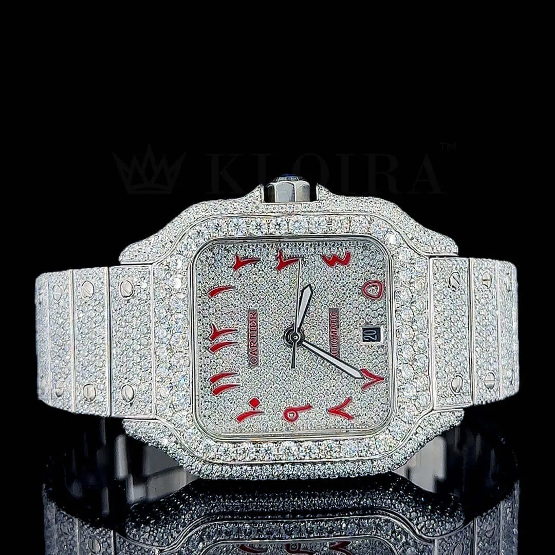 Cartior Santos Women Silver 36mm Moissanite Watch with Red Numerals and Bright White Dial