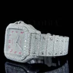Cartior Santos De Silver 41mm Diamond Studded Swiss Made Square Red Arabic Numerals Watch