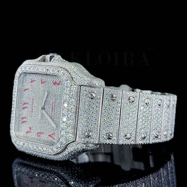 Cartior Santos De Silver 41mm Diamond Studded Swiss Made Square Red Arabic Numerals Watch