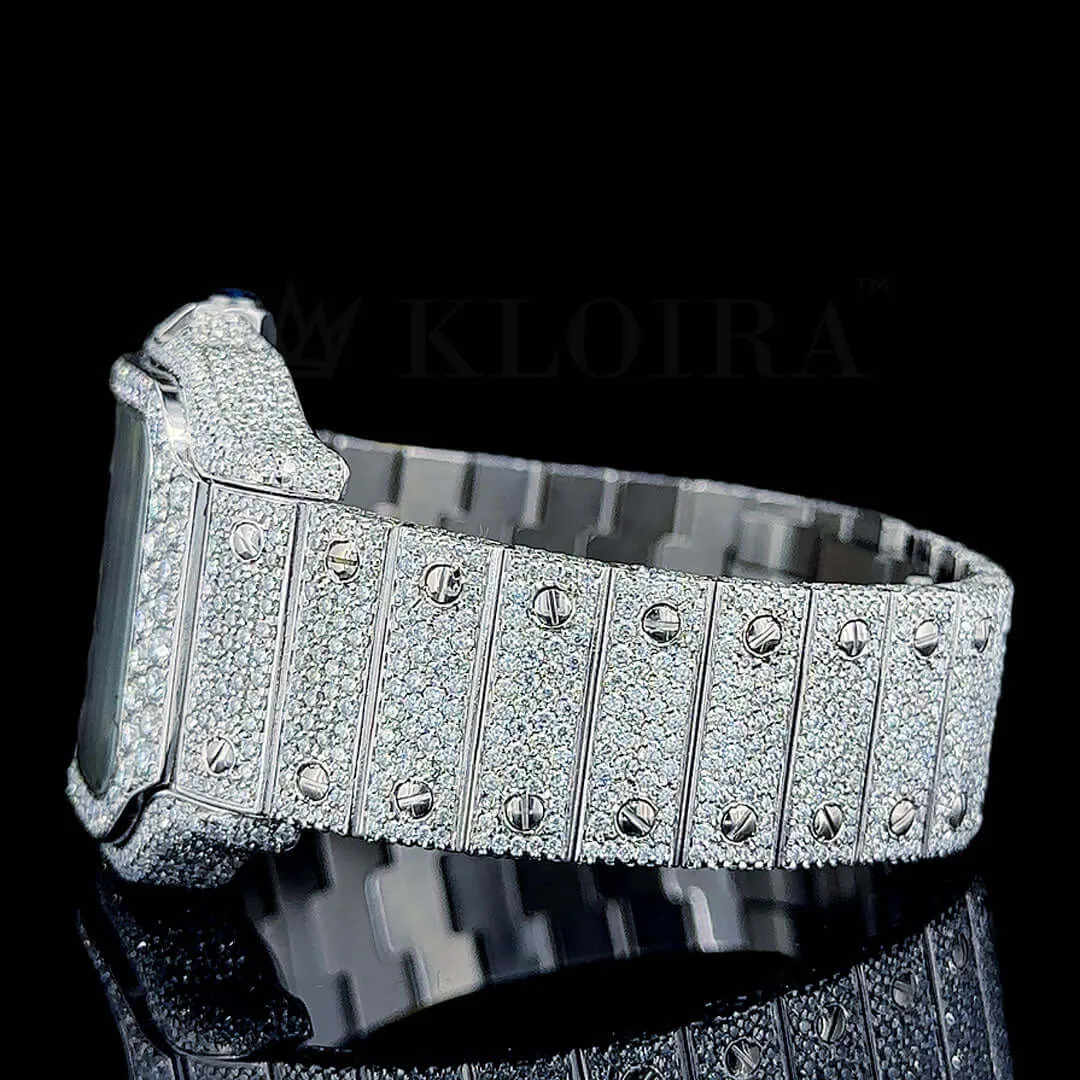 Cartior Santos De Silver 41mm Diamond Studded Swiss Made Square Red Arabic Numerals Watch