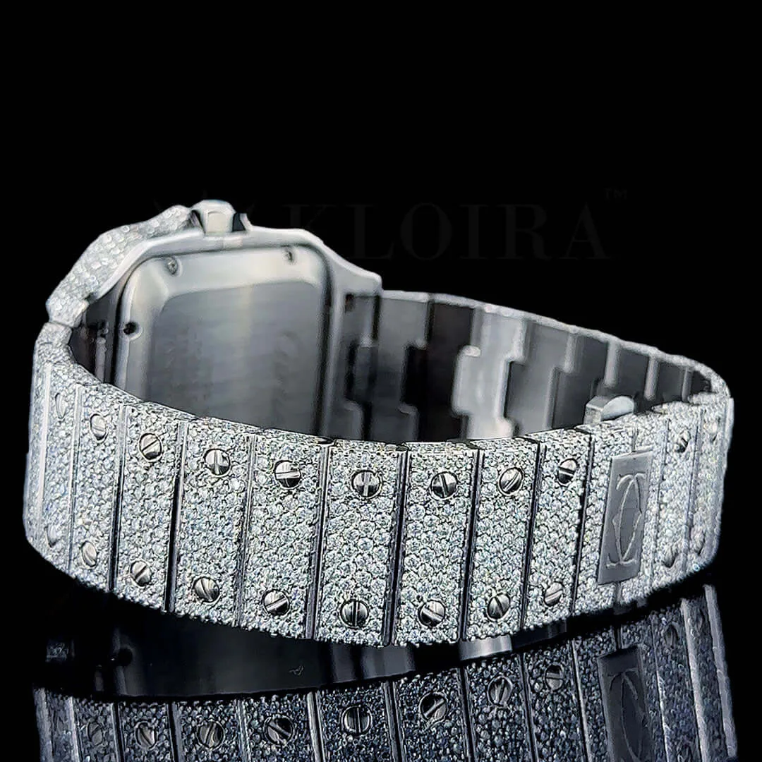 Cartior Santos De Silver 41mm Diamond Studded Swiss Made Square Red Arabic Numerals Watch