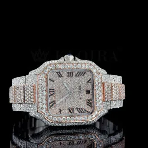 Cartior Santos De Silver 41mm Diamond Studded Swiss Made Square Roman Numerals Rose Silver Watch