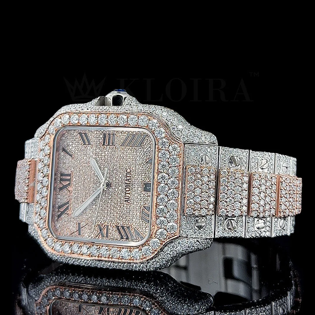 Crestien Santos De Silver 41mm Diamond Studded Swiss Made Square Roman Numerals Rose Silver Watch