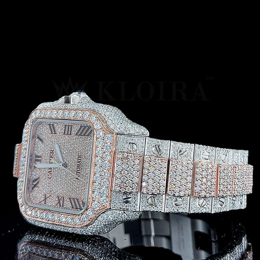 Crestien Santos De Silver 41mm Diamond Studded Swiss Made Square Roman Numerals Rose Silver Watch