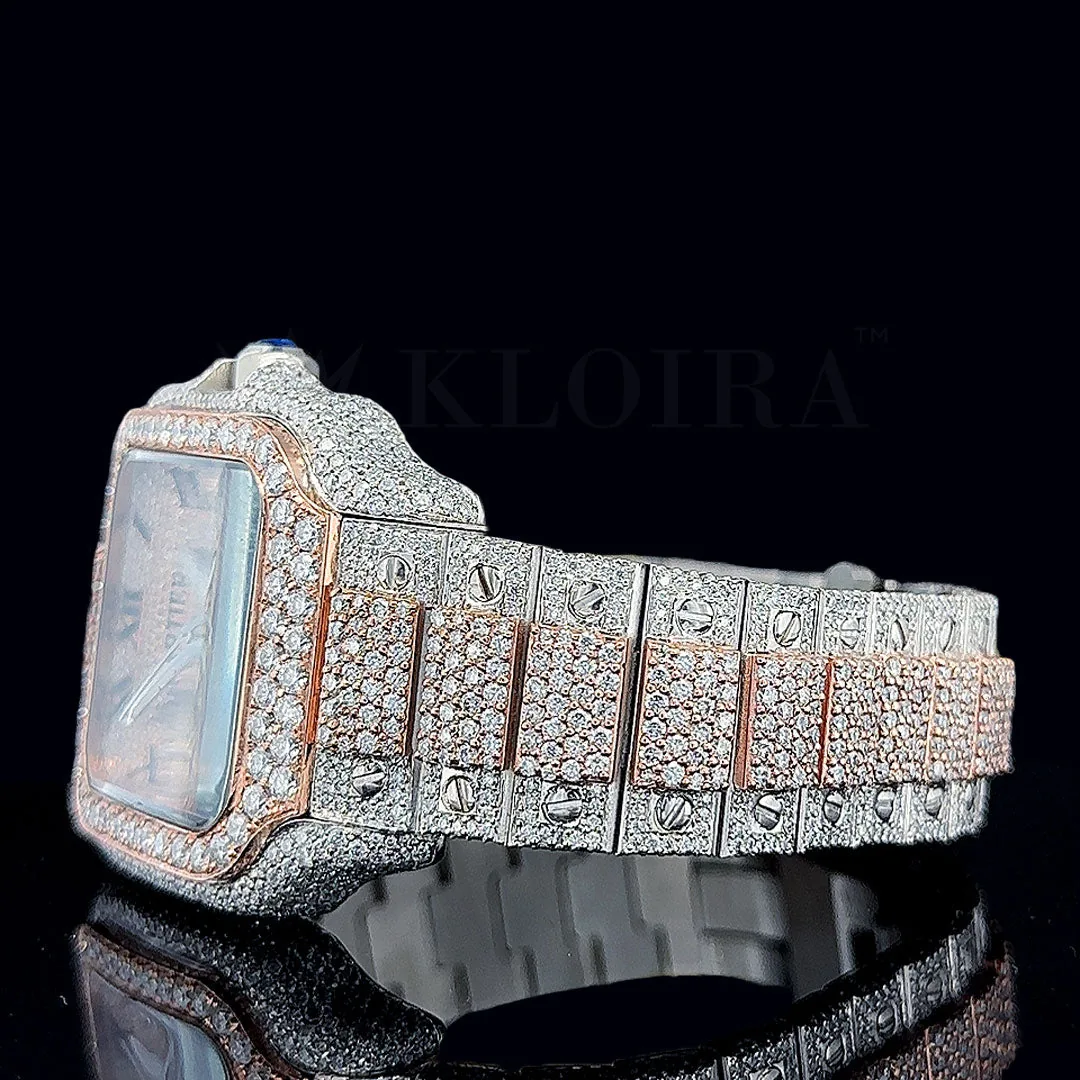 Crestien Santos De Silver 41mm Diamond Studded Swiss Made Square Roman Numerals Rose Silver Watch