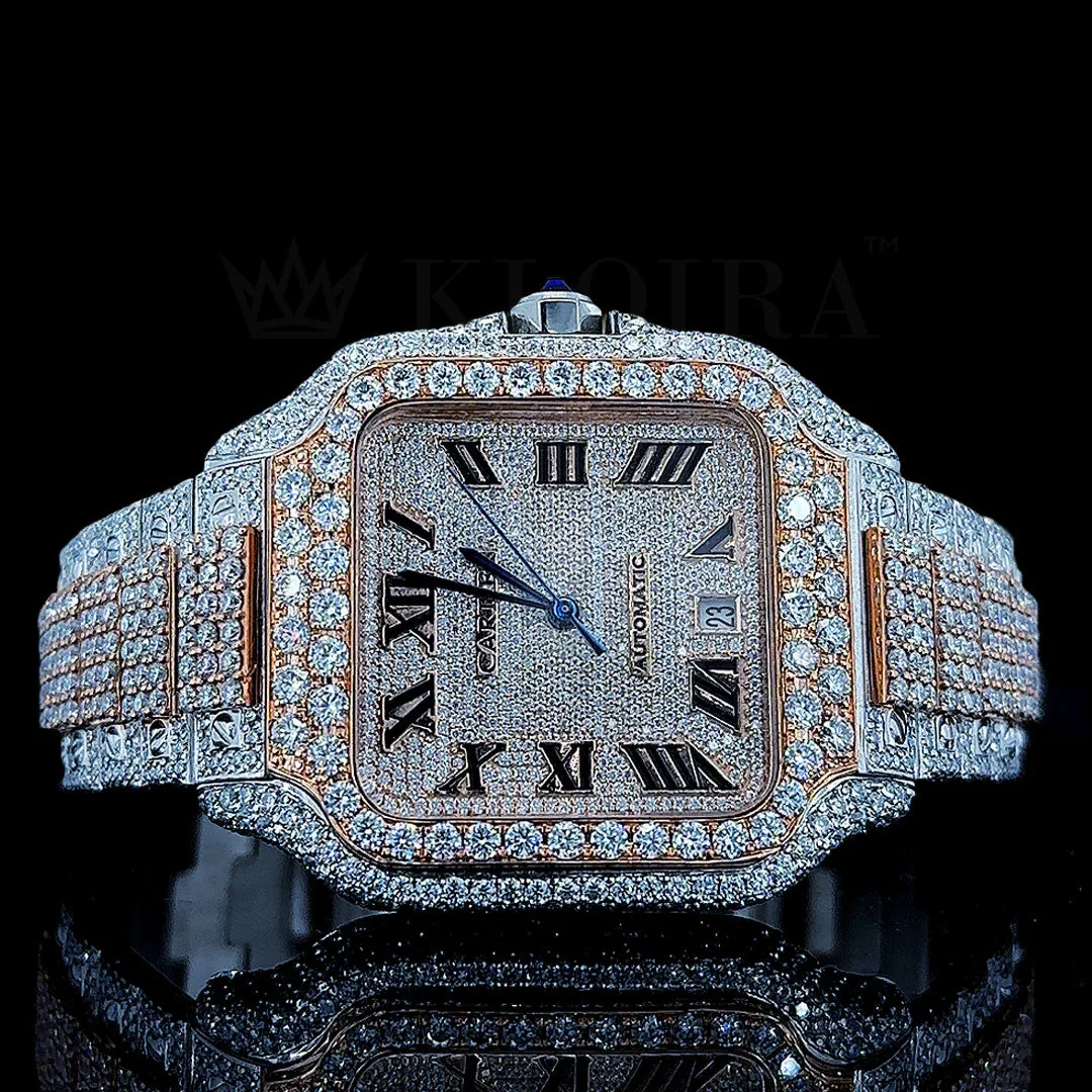 Cartior Santos De Silver 41mm Moissanite Swiss Made Watch with Bright White Dial