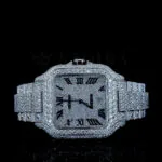 Cartior Santos De Silver 41mm Moissanite Swiss Made Watch with bright white square dial and silver accents
