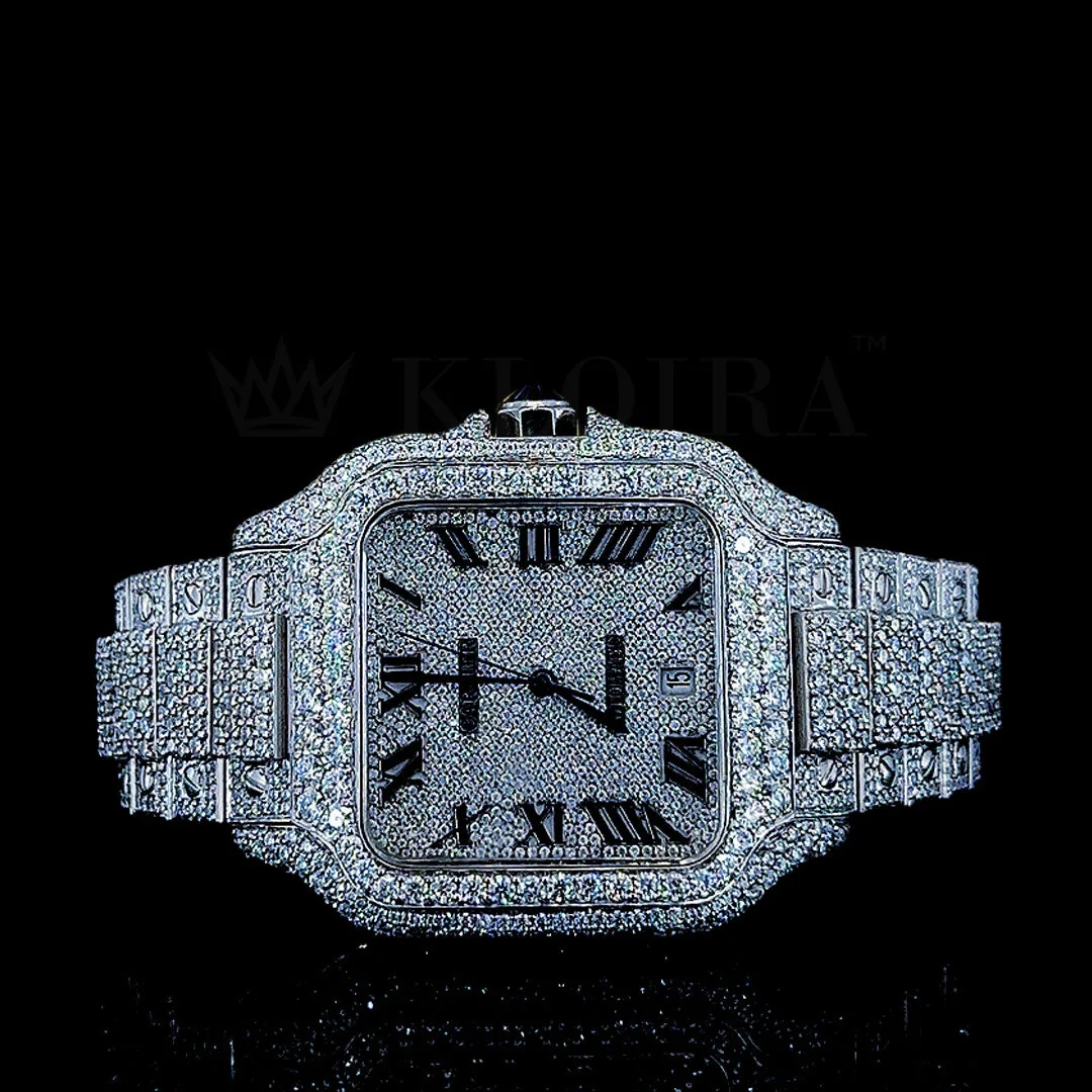 Cartior Santos De Silver 41mm Moissanite Swiss Made Watch with bright white square dial and silver accents